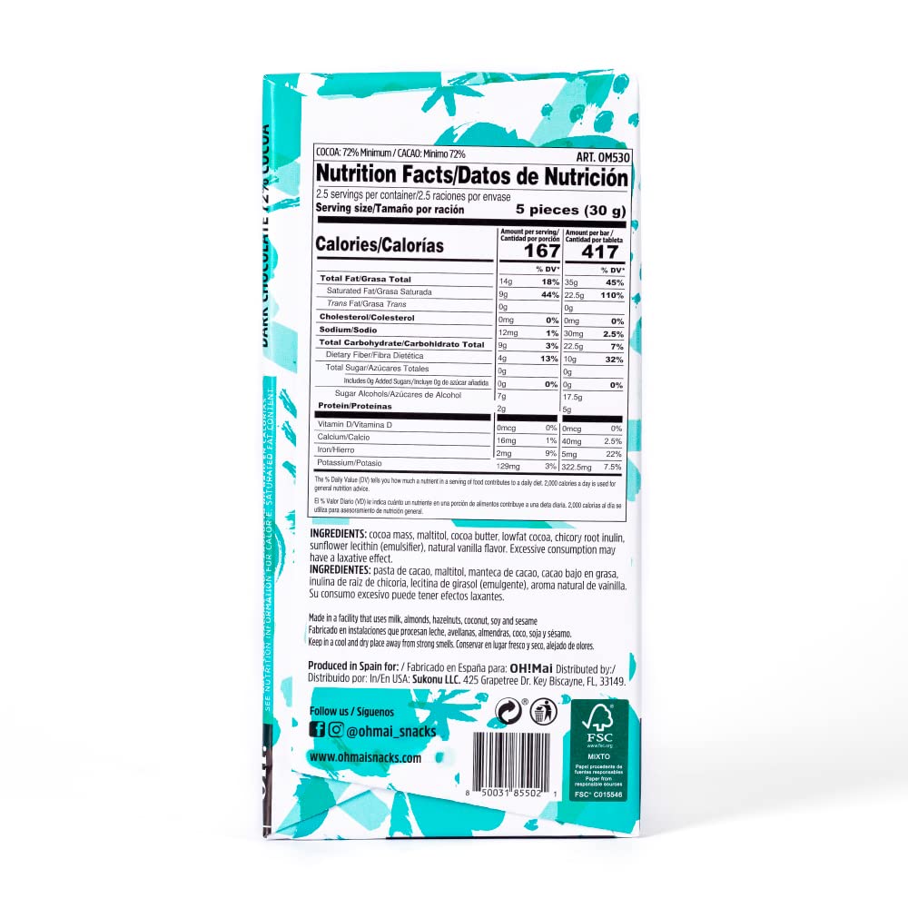 OH! Mai Dark Chocolate Bar 72% Cocoa 2.64 oz -  No Sugar Added, Gluten Free Healthy Snack, Made in Spain (Pack of 12)