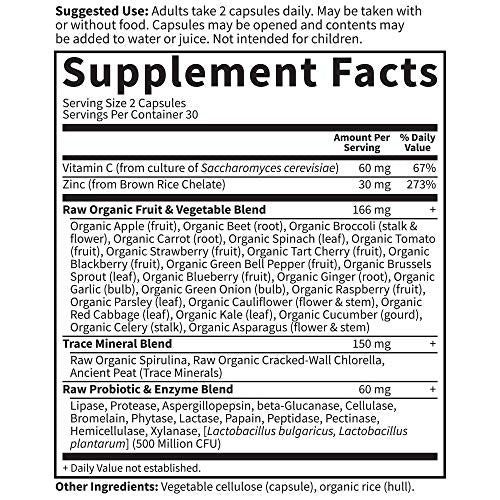 Garden of Life Zinc Supplements 30mg High Potency Raw Zinc and Vitamin C Multimineral Supplement, Vitamin Code Vitamins Trace Minerals and Probiotics for Skin Health and Immune Support, 60 Vegan Capsules