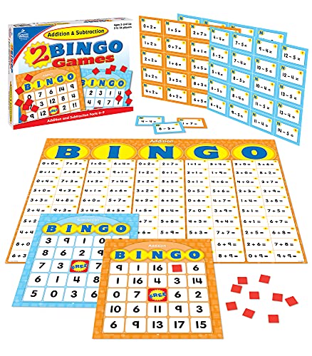 Carson Dellosa Addition and Subtraction Bingo Board Games—Kids Bingo Games With 36 Double-Sided Game Cards, Bingo Chips, 100 Calling Cards, Answer Mat, 3-36 players, Ages 5+