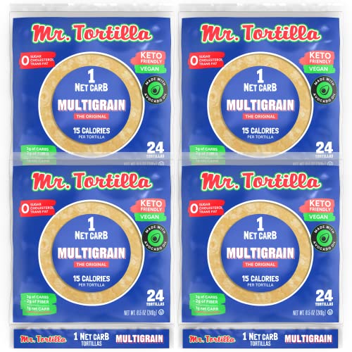Mr. Tortilla 1 Net Carb Tortilla Wraps (96 Tortillas) | Keto, Low Carb, Reduced Calorie, Vegan, Kosher | Only 15 Calories, Delicious and Guilt-Free, Healthy Snacks and Bread Alternative (Multigrain)