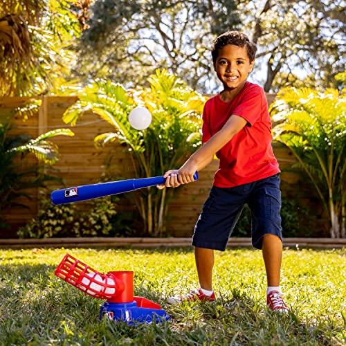Franklin Sports Kids Baseball Pitching Machine - Pop A Pitch Baseball Batting Machine with Youth Bat + 3 Plastic Baseballs - Boys + Girls Baseball Toy,Red/Blue