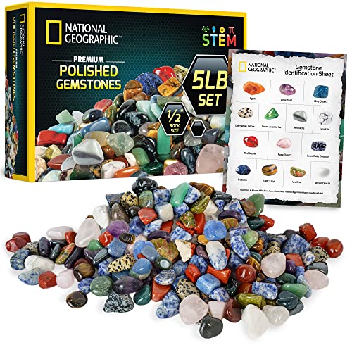 NATIONAL GEOGRAPHIC Premium Polished Stones - 5 Pounds of 1/2-Inch Tumbled Stones and Crystals Bulk, Arts and Crafts, Rock and Mineral Kit, Rocks for Kids, STEM Toys