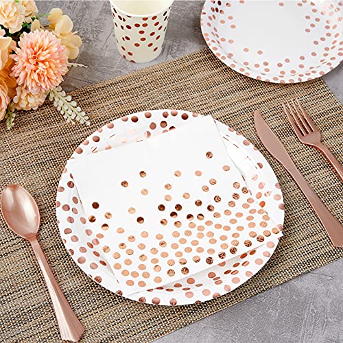 White and Rose Gold Party Supplies - 350 PCS Disposable Dinnerware Set - White Paper Plates Napkins Cups, Gold Plastic Forks Knives Spoon for Graduation, Birthday, Cocktail Party