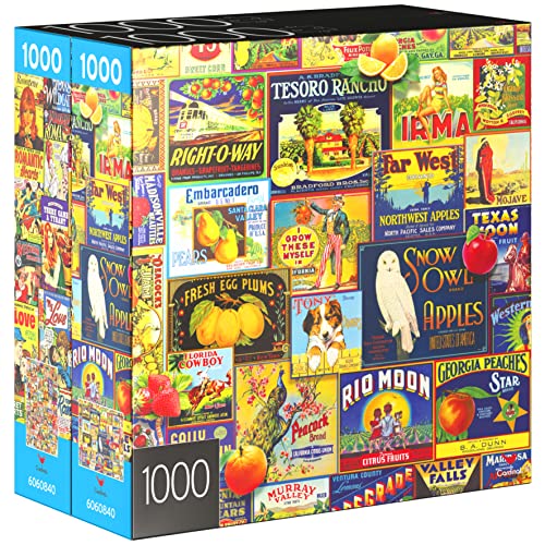 2-Pack of 1000-Piece Jigsaw Puzzles, Retro Comics and Fruit Labels Gifts for Mom Mothers Day Gifts for Adults and Kids Ages 8+, Amazon Exclusive