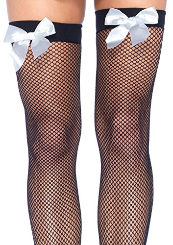 Leg Avenue Women's Satin Bow Fishnet Thigh Highs, Black/White, One Size