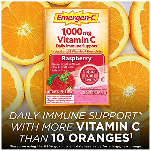 Emergen-C 1000mg Vitamin C Powder, With Antioxidants, B Vitamins And Electrolytes, Immunity Supplements For Immune Support, Caffeine Free Fizzy Drink Mix, Raspberry Flavor - 30 Count/1 Month Supply