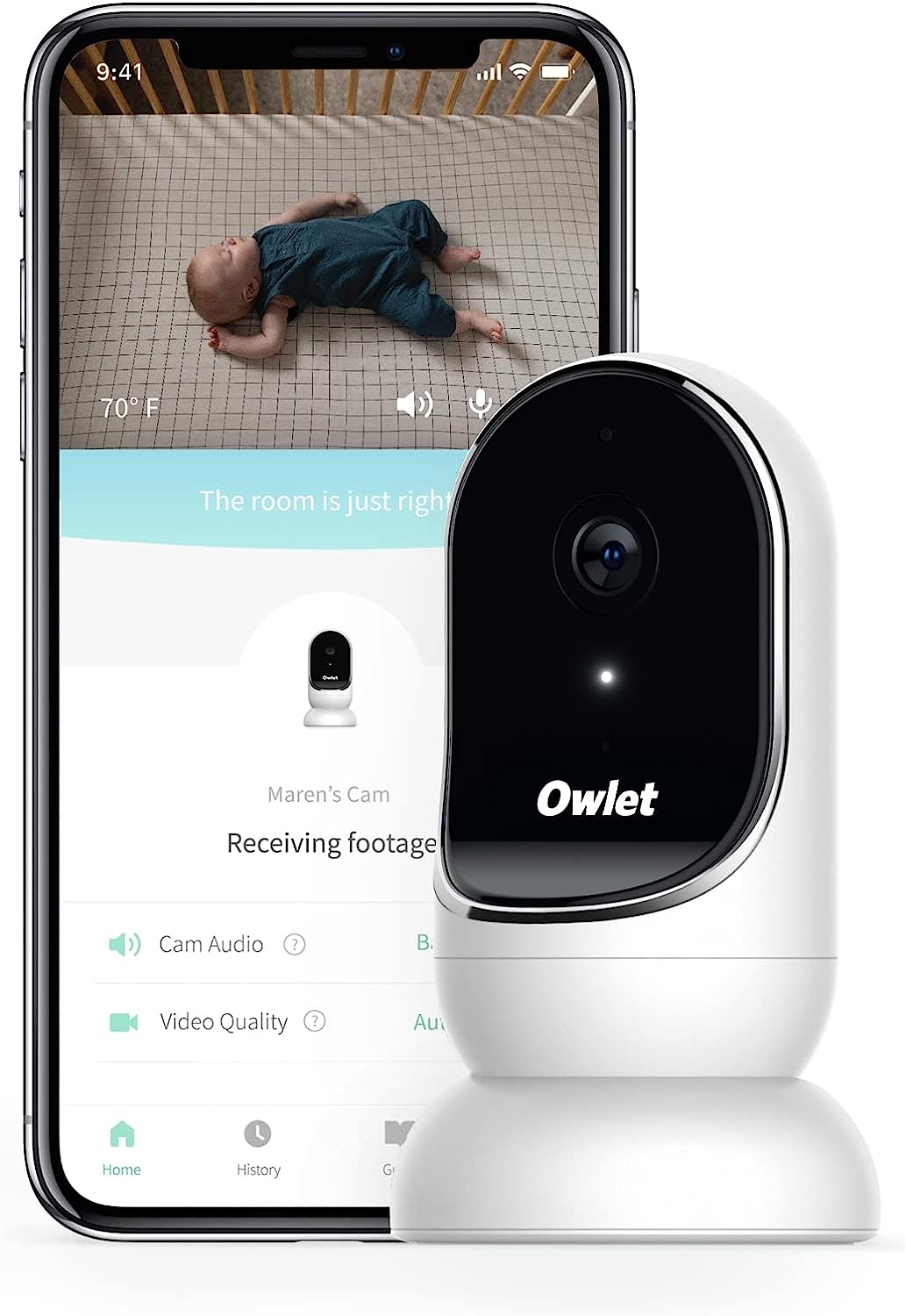 Owlet Cam Smart Baby Monitor - HD Video Monitor with Camera, Wide Angle Lens, Audio and Background Sound, Encrypted WiFi, Motion and Sound Notifications, Humidity, Room Temp, Night Vision, 2-Way Talk