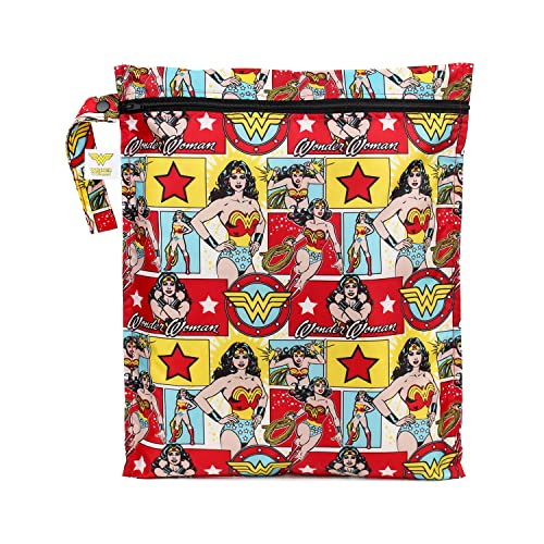 Bumkins Waterproof Wet Bag DC Comics Washable, Reusable for Travel, Beach, Pool, Stroller, Diapers, Dirty Gym Clothes, Wet Swimsuits, Toiletries, 12x14 – Wonder Woman