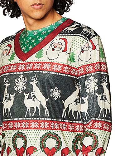 Faux Real Men's 3D Photo-Realistic Ugly Christmas Sweater Long Sleeve T-Shirt, Frisky Deer, X-Large