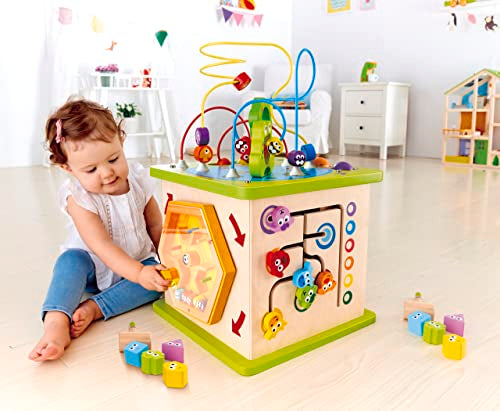 Country Critters Wooden Activity Play Cube by Hape | Wooden Learning Puzzle Toy for Toddlers, 5-Sided Activity Center with Animal Friends, Shapes, Mazes, Wooden Balls, Shape Sorter Blocks and More, 13.78 x 13.78 x 19.69 inches