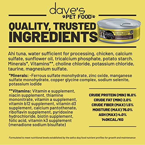 Dave’s Pet Food Grain Free Wet Cat Food (Ahi Tuna and Chicken), Naturally Healthy Canned Cat Food, Added Vitamins and Minerals, Wheat and Gluten-Free, 5.5 oz (Case of 24)