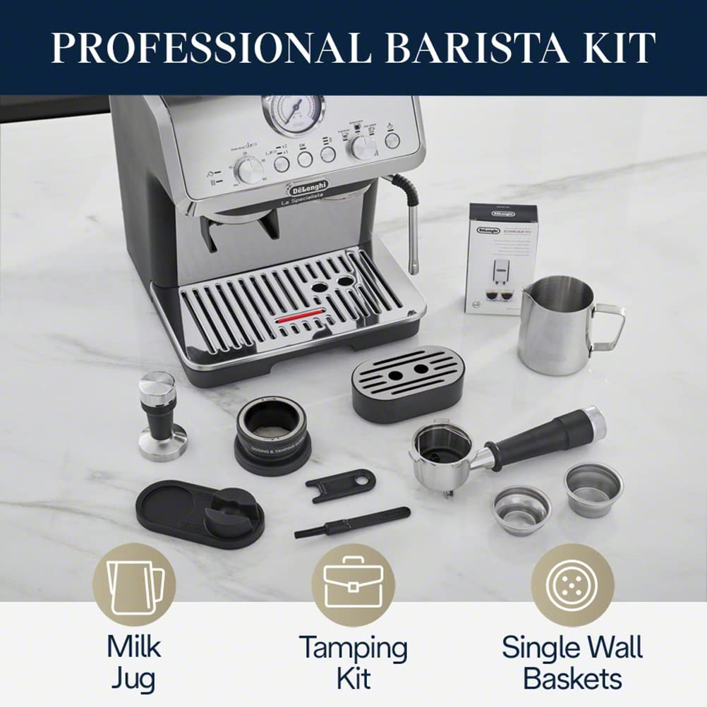 De’Longhi La Specialista Arte EC9155MB, Espresso Machine with Grinder, Bean to Cup Coffee and Cappuccino Maker with Professional Steamer, My Latte Art Milk Frother,Barista SS Kit Included, 1450W, Metal