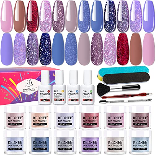 REDNEE 21pcs Dip Powder Kit, 12 Sunset Colors Nail Dipping Kits with Step1-4 Dip Liquids Base and Top Coat Activator, Nail File and Buffer, Cuticle Pusher and Trimmer All-in-One Gift Set for Women RE32