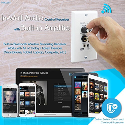 Pyle Wireless BT Receiver Wall Mount - 100W In-Wall Audio Control Receiver w/ Built-in Amplifier, USB/Microphone/Aux (3.5mm) Inputs, Speaker Terminal Block, Connect 2 Speakers, White - Pyle PWA15BT