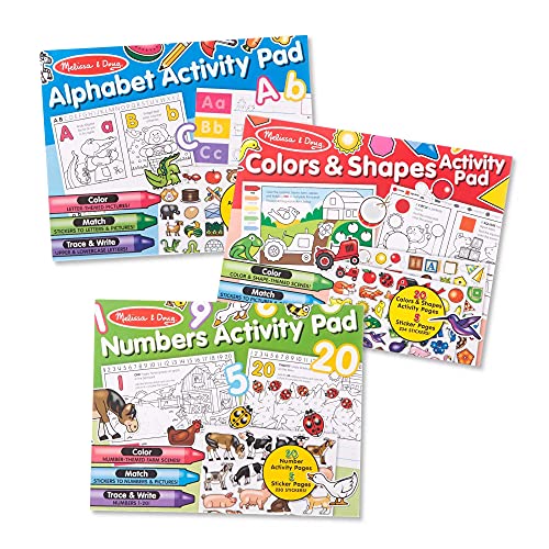 Melissa and Doug Activity Pad Bundle - Alphabet, Colors and Shapes and Numbers - Sticker And Coloing Activity Books For Girls And Boys, Great Travel Toy