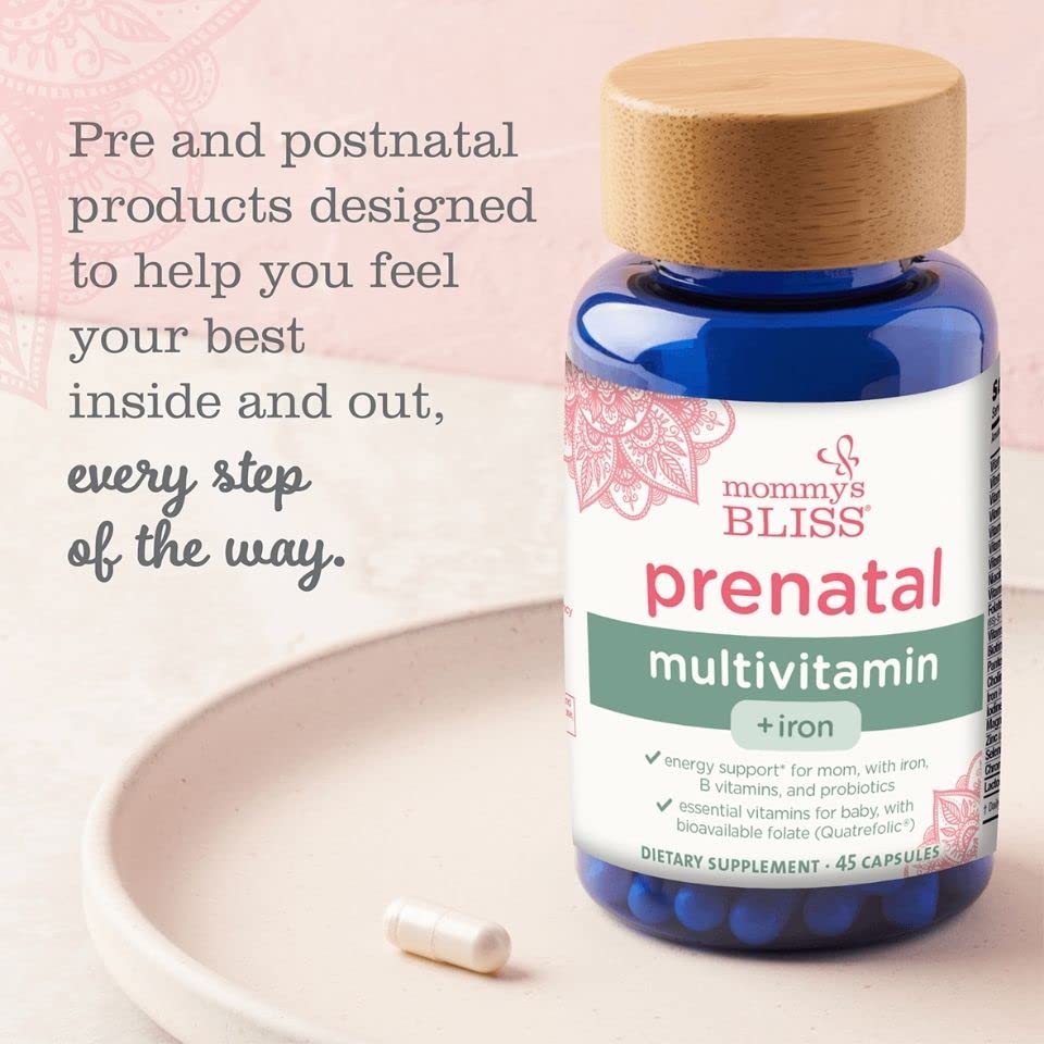 Mommy's Bliss Prenatal Multivitamin with Iron and Folic Acid, Supports Baby Development + Mom Immune System and Energy Levels w/ B Vitamins and Probiotics, Vegan and Gluten Free (45 Servings)