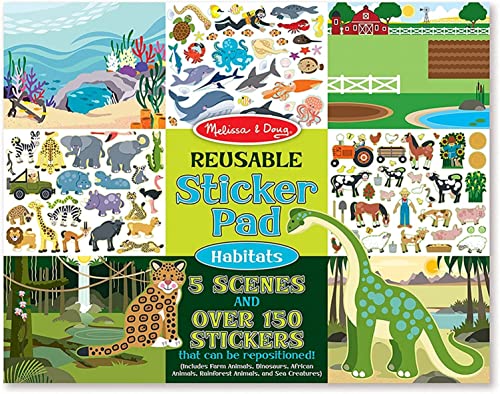 Melissa and Doug Reusable Sticker Pad: Habitats - 150+ Reusable Stickers 7 Ounces - Kids Animal Activities, Restickable Animals Sticker Book, Animal Habitats Removable Stickers For Kids Ages 3+
