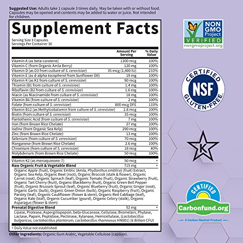 Garden of Life Prenatal Multivitamin for Women with Iron, Folate and Vitamin C and D3 for Neural Development and Probiotics for Immune Support – Vitamin Code – Non-GMO, Gluten-Free, Kosher, 30 Day Supply