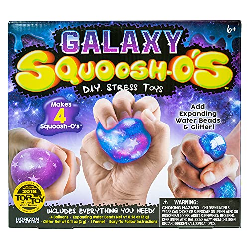 Galaxy Squoosh-O's DIY Fidget Toys by Horizon Group USA, Make 4 De-Stressing Toys, DIY Stress Balls For Kids, Includes Balloons, Funnel, Glitter, Expanding Water Beads and More