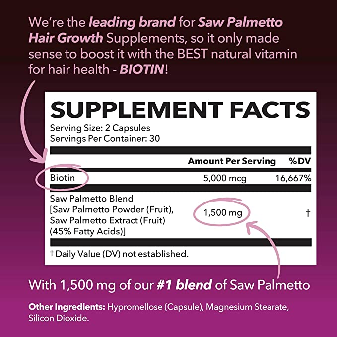 Saw Palmetto for Women + Biotin Supplement | DHT Blocker for Women Hair Growth Vitamins | Women with PCOS Hair Loss or Post-Partum Hair Loss | 60 Vegan Biotin Hair Vitamins to Thicken and Volumize Hair