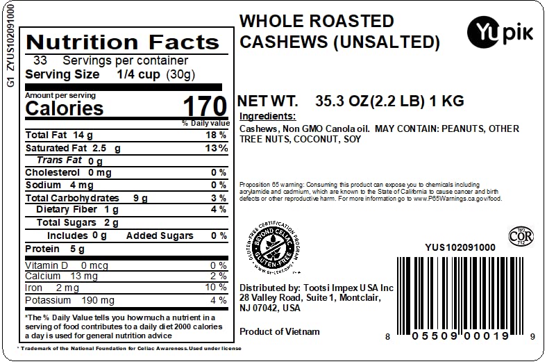 Yupik Nuts Unsalted Whole Roasted Cashews, 2.2 lb