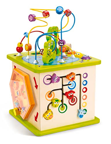 Country Critters Wooden Activity Play Cube by Hape | Wooden Learning Puzzle Toy for Toddlers, 5-Sided Activity Center with Animal Friends, Shapes, Mazes, Wooden Balls, Shape Sorter Blocks and More, 13.78 x 13.78 x 19.69 inches