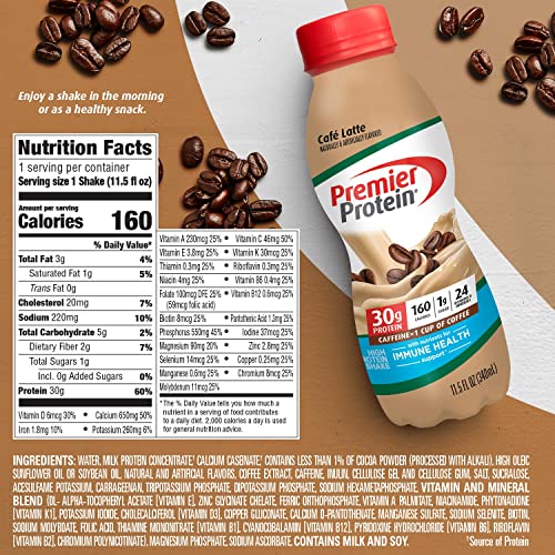 Premier Protein Shake, Café Latte, 30g Protein, 1g Sugar, 24 Vitamins and Minerals, Nutrients to Support Immune Health 11.5 fl oz, 12 Pack