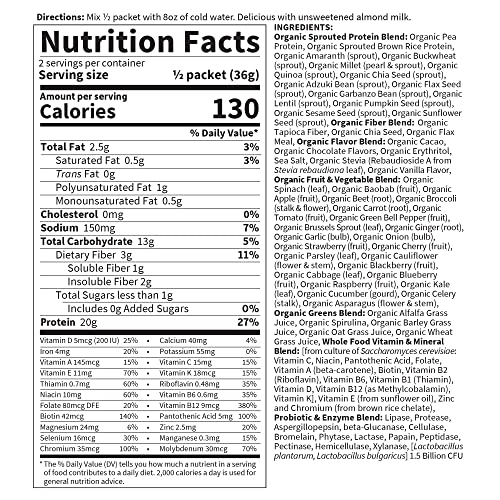 Garden of Life Raw Organic Meal Replacement Powder - Chocolate, 20 Servings (10ct Tray), 20g Plant Based Protein Powder, Superfoods, Greens, Vitamins and Minerals, All-in-One Meal Replacement Shake