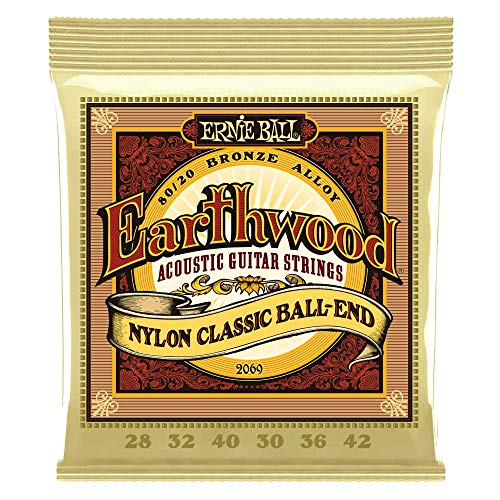 Ernie Ball Folk Nylon Clear and Gold Ball-End 80/20 Bronze Acoustic Guitar Strings, 28-42 Gauge (P02069)