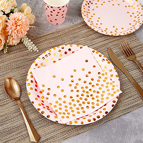 Pink and Gold Party Supplies - 350 PCS Disposable Dinnerware Set - Pink Paper Plates Napkins Cups, Gold Plastic Forks Knives Spoon for Graduation, Birthday, Cocktail Party