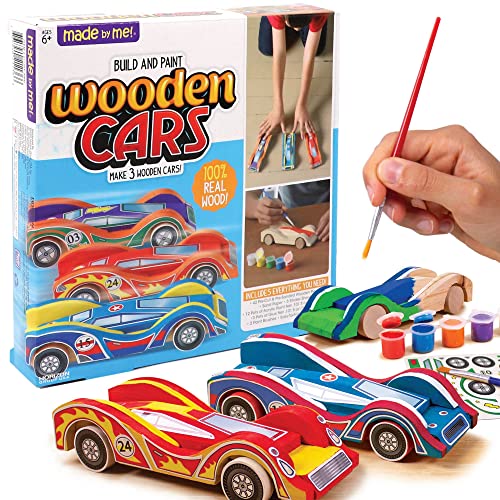 Made By Me Build and Paint Your Own Wooden Cars - DIY Wood Craft Kit, Easy To Assemble and Paint 3 Race Cars – Arts and Crafts Kit for Kids Ages 6 And Up, Multicolor