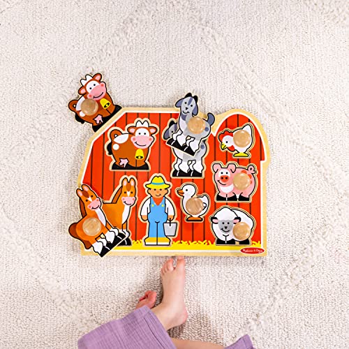 Melissa and Doug Farm Animals Jumbo Knob Wooden Puzzle - Wooden Peg Chunky Baby Puzzle, Preschoool Learning, Knob Puzzle Board For Toddlers Ages 1+