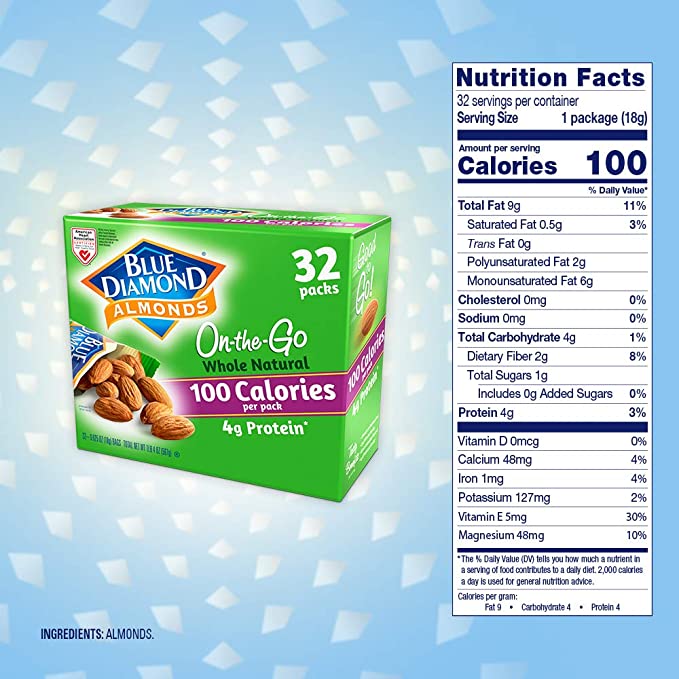 Blue Diamond Almonds Whole Natural Raw Snack Nuts, 100 Calorie Travel Bags, 32 count