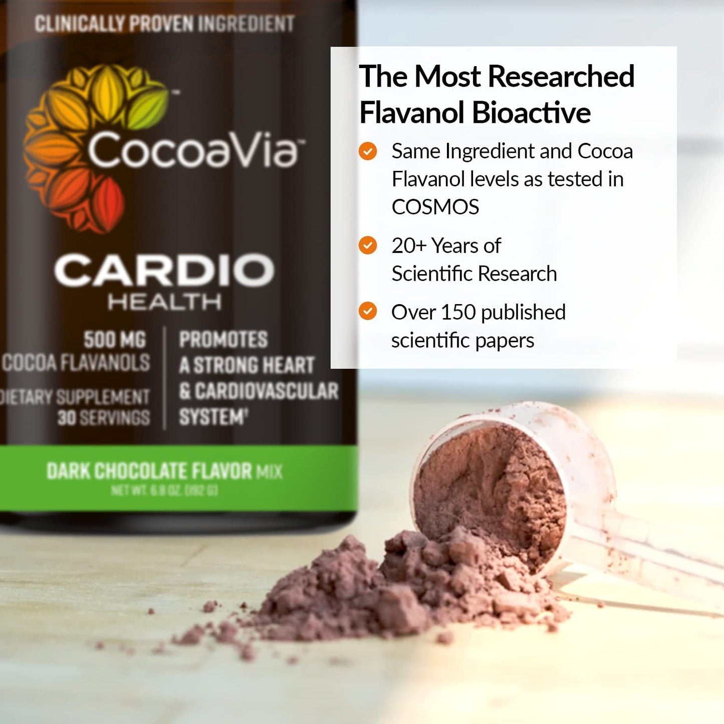 CocoaVia Cardio Health Cocoa Powder, 30 Servings, 500mg Cocoa Flavanols, Heart Health, Blood Pressure, Boost Nitric Oxide, Improve Circulation, Energy, Preworkout, Vegan, Dark Chocolate Cacao