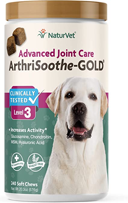NaturVet Arthrisoothe Glucosamine for Dogs – Dog Supplement with Glucosamine, MSM, Chondroitin and Hyaluronic Acid – ArthriGold Level 3 – 240 Soft Chews