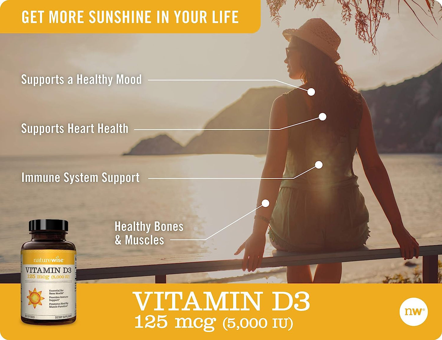 NatureWise Vitamin D3 5000iu (125 mcg) 1 Year Supply for Healthy Muscle Function, and Immune Support, Non-GMO, Gluten Free in Cold-Pressed Olive Oil, Packaging Vary ( Mini Softgel), 360 Count Visit the NatureWise Store