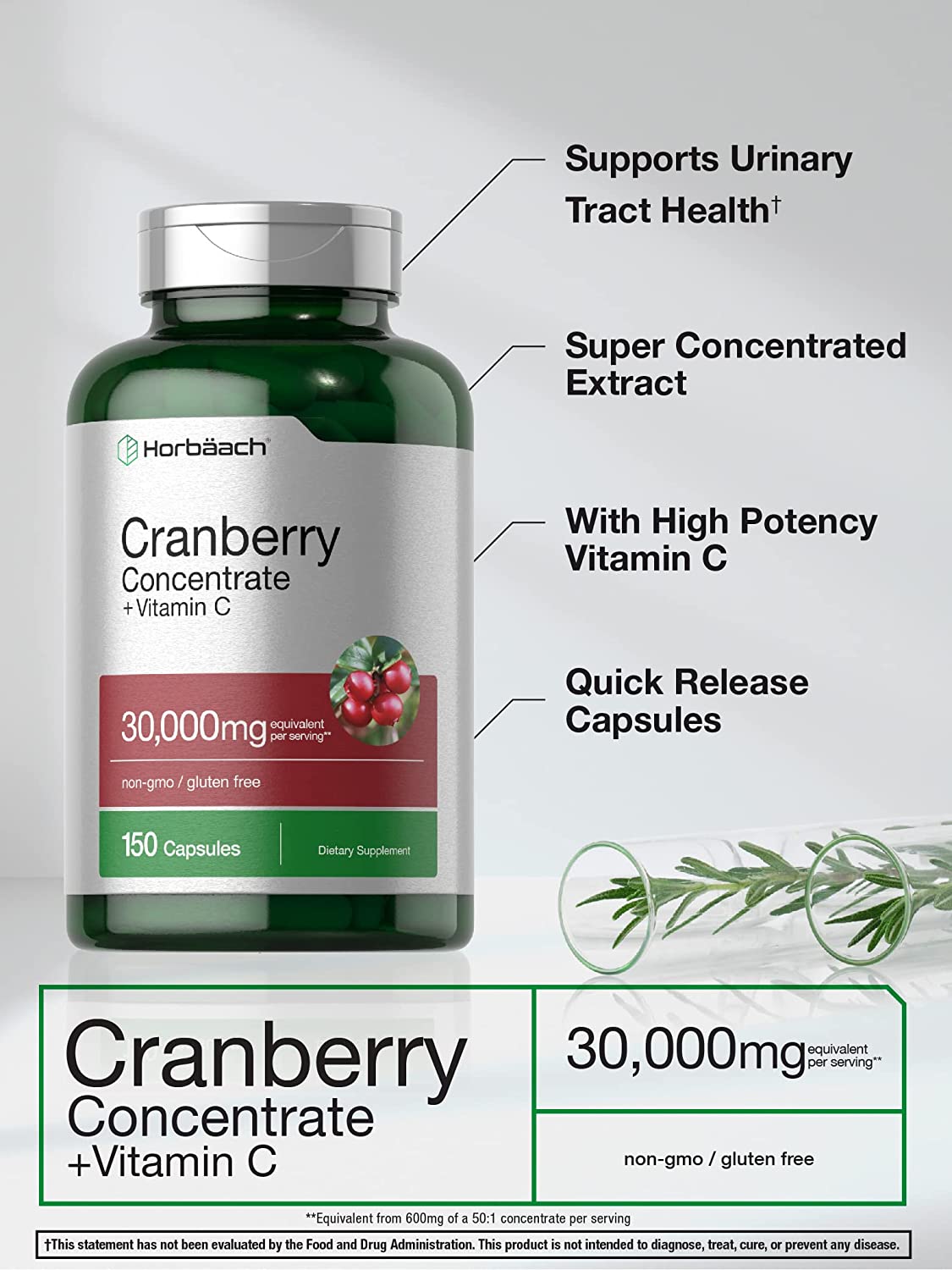 Cranberry Concentrate Extract + Vitamin C | 30,000mg | 150 Capsules | Triple Strength Ultimate Potency Formula | Non-GMO and Gluten Free Cranberry Pills Supplement | by Horbaach