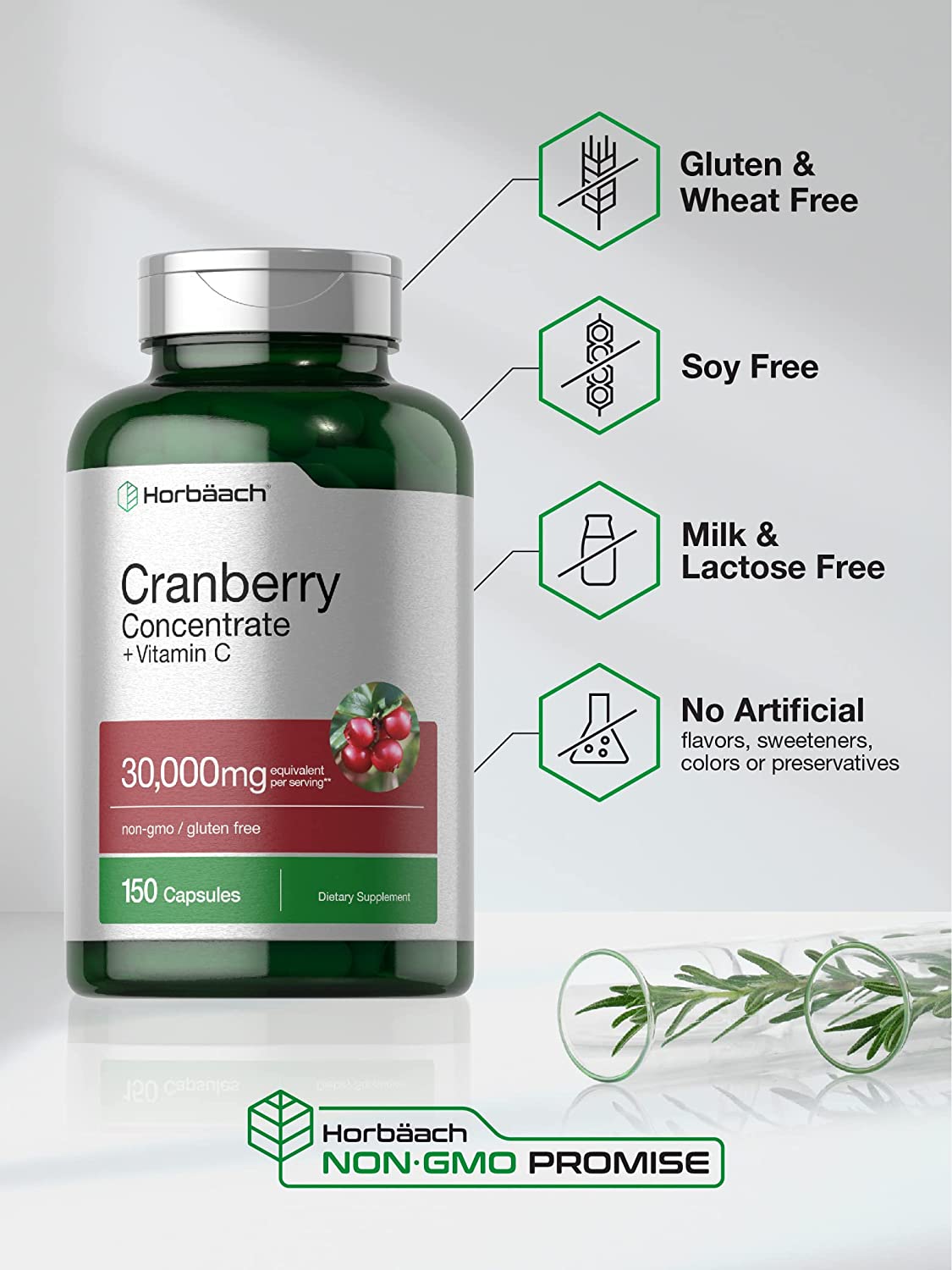 Cranberry Concentrate Extract + Vitamin C | 30,000mg | 150 Capsules | Triple Strength Ultimate Potency Formula | Non-GMO and Gluten Free Cranberry Pills Supplement | by Horbaach