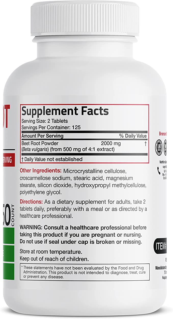 Bronson Beet Root 2000mg Extra Strength 2000mg Per Serving, Promotes Healthy Circulation Supports Heart Health and Stamina, Non-GMO, 250 Vegetarian Tablets