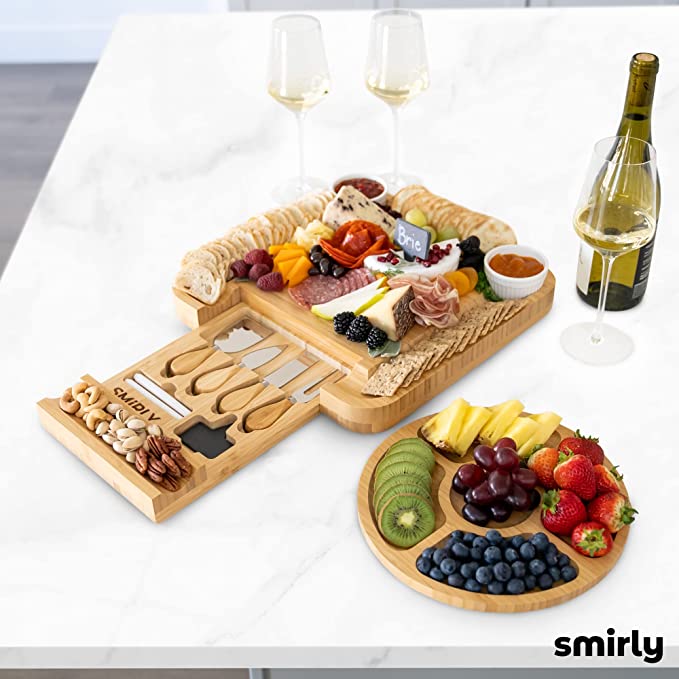 SMIRLY Bamboo Cheese Board and Knife Set: Large Charcuterie Boards Set and Cheese Platter - Unique House Warming Gifts, New Home, Anniversary and Wedding Gifts for Couple, Bridal Shower Gift for Women