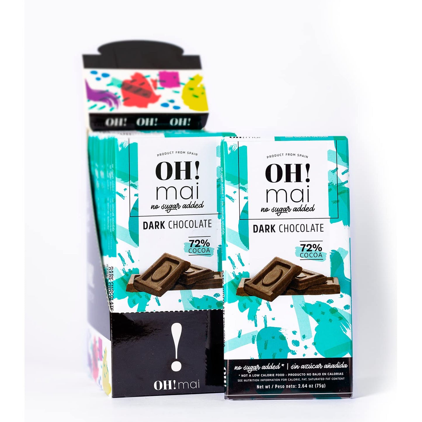 OH! Mai Dark Chocolate Bar 72% Cocoa 2.64 oz -  No Sugar Added, Gluten Free Healthy Snack, Made in Spain (Pack of 12)