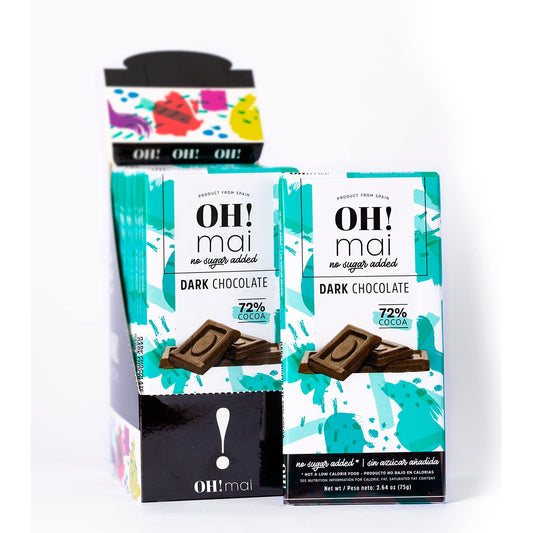 OH! Mai Dark Chocolate Bar 72% Cocoa 2.64 oz -  No Sugar Added, Gluten Free Healthy Snack, Made in Spain (Pack of 12)