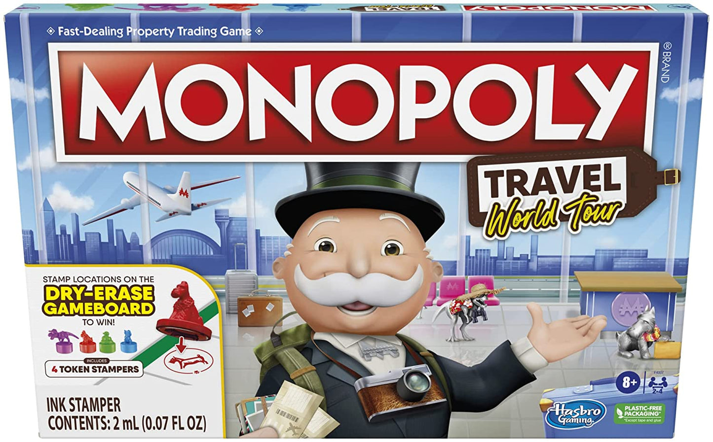 Monopoly World Tour Board Game with Token Stampers and Dry-Erase Gameboard for Family Game Night