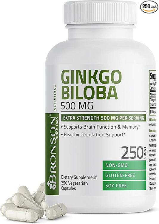 Bronson Ginkgo Biloba 500mg Extra Strength 500mg per Serving - Supports Brain Function and Memory Support, 250 Vegetarian Capsules