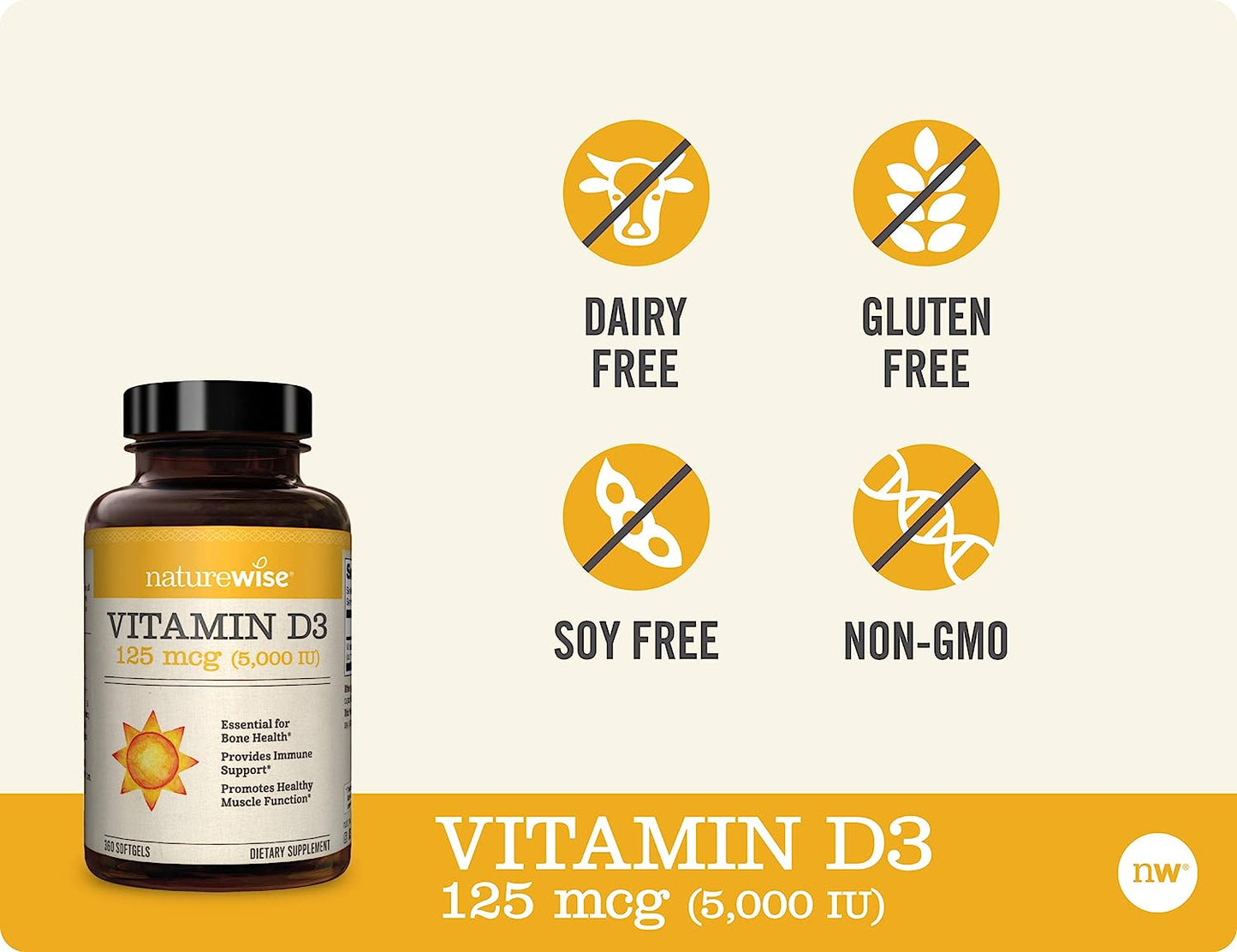 NatureWise Vitamin D3 5000iu (125 mcg) 1 Year Supply for Healthy Muscle Function, and Immune Support, Non-GMO, Gluten Free in Cold-Pressed Olive Oil, Packaging Vary ( Mini Softgel), 360 Count Visit the NatureWise Store