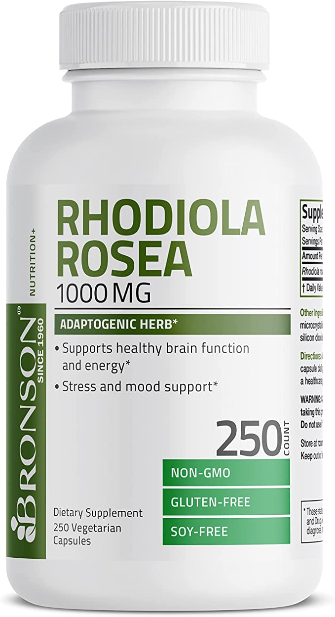 Bronson Rhodiola Rosea 1000 mg - Adaptogenic Herb for Brain, Stress and Mood Support - Non-GMO, 250 Vegetarian Capsules