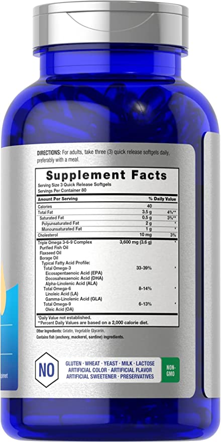 Triple Omega 3-6-9 240 Softgels | from Fish, Flaxseed, Borage Oils | Non-GMO and Gluten Free | by Horbaach
