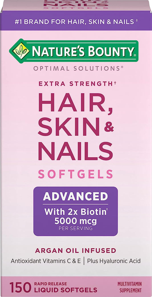 Nature's Bounty Hair, Skin and Nails Rapid Release Softgels, Argan-Infused Vitamin Supplement with Biotin and Hyaluronic Acid, Supports Hair, Skin, and Nail Health for Women, 150 Count