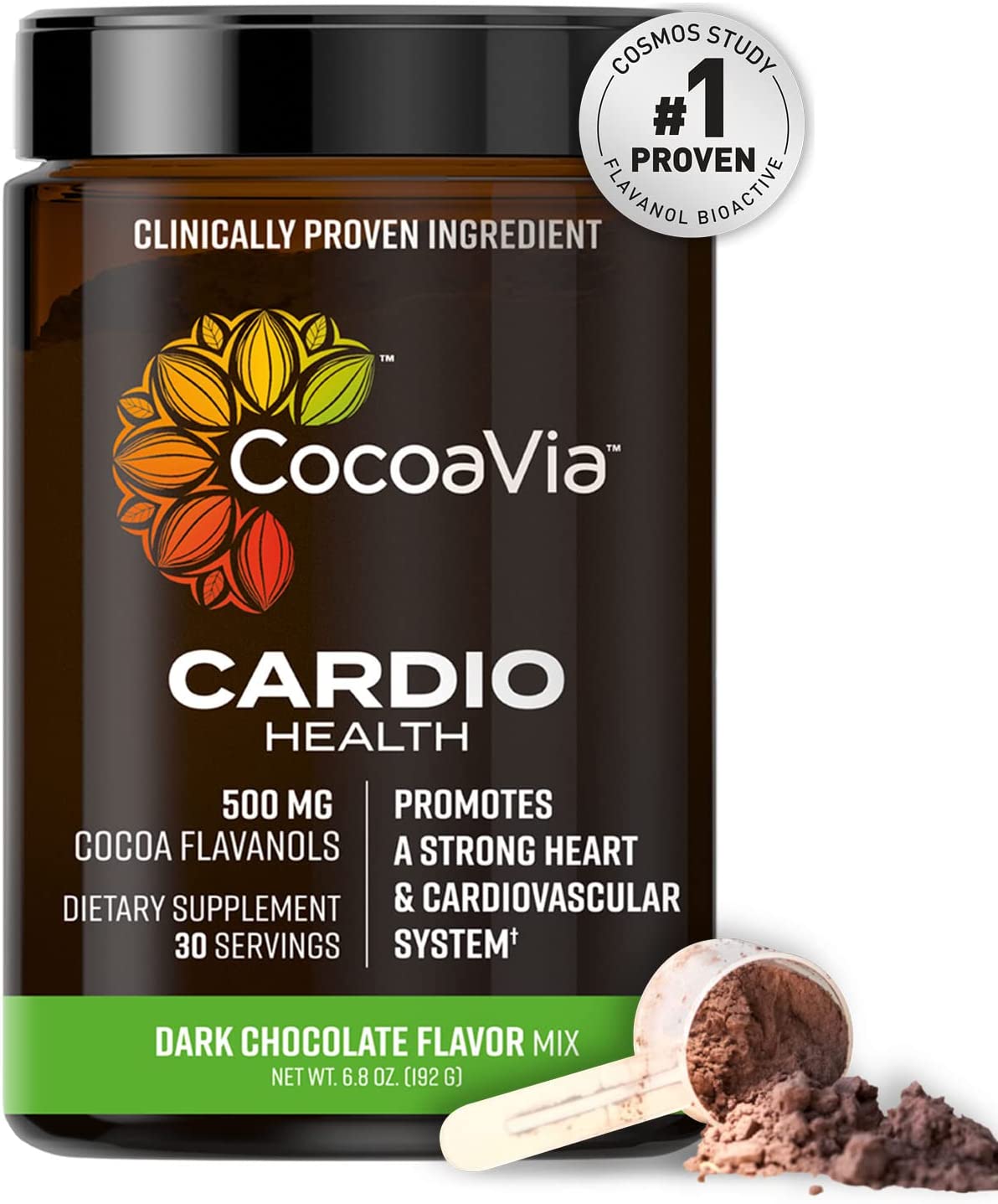 CocoaVia Cardio Health Cocoa Powder, 30 Servings, 500mg Cocoa Flavanols, Heart Health, Blood Pressure, Boost Nitric Oxide, Improve Circulation, Energy, Preworkout, Vegan, Dark Chocolate Cacao