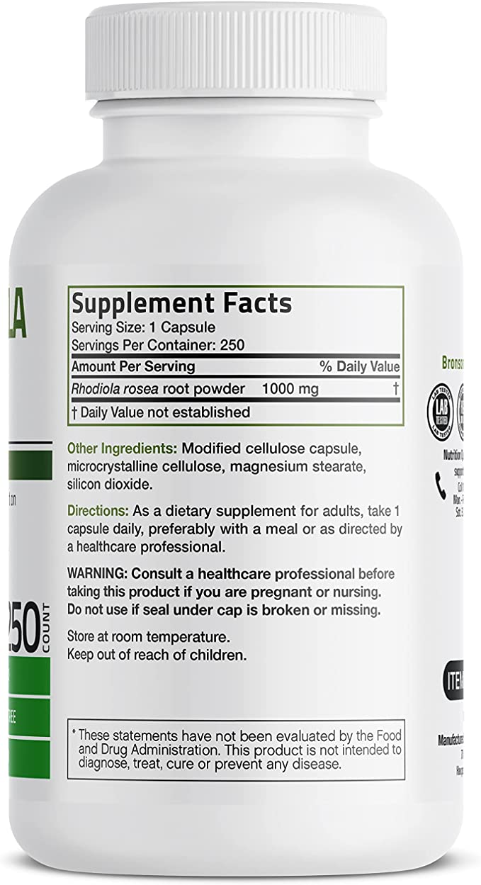 Bronson Rhodiola Rosea 1000 mg - Adaptogenic Herb for Brain, Stress and Mood Support - Non-GMO, 250 Vegetarian Capsules